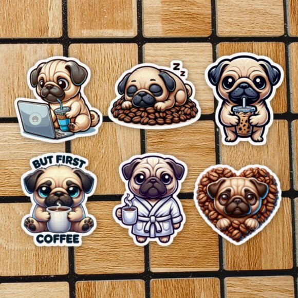 Pugs & Coffee Sticker Pack of 12 Vinyl Stickers Waterproof Die Cut Sticker Set - Picture 1 of 4